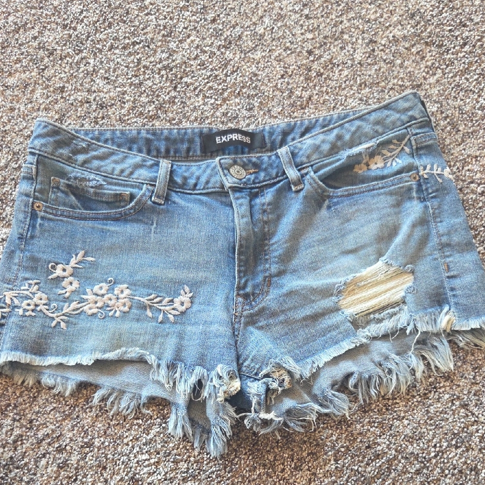 Express Light Blue Frayed Denim Shorts